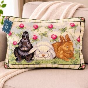 Vintage Needlepoint Bunny Rabbit Throw Pillow Floral Cottagecore NWT Garden